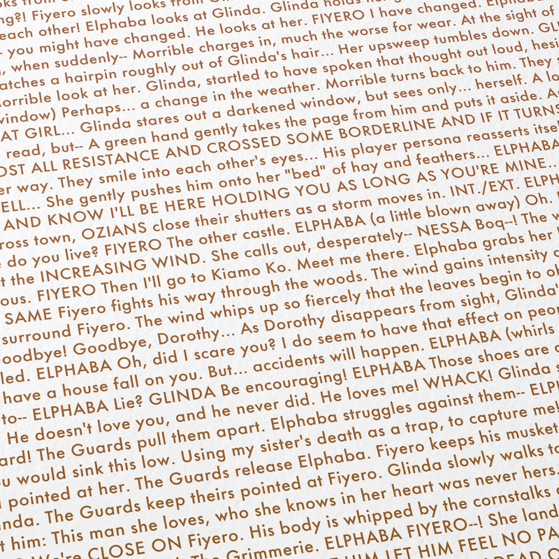 Close-up detail of the Wicked for Good movie script poster showing the screenplay  text.