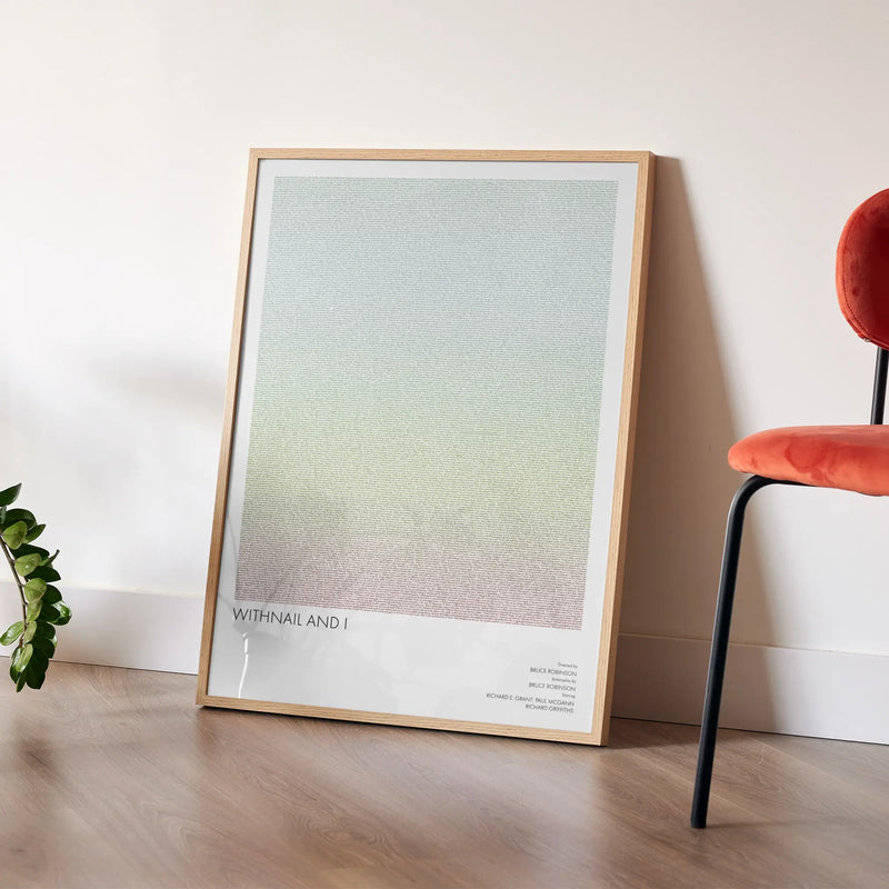 A framed Withnail & I movie script poster placed in a bright interior environment.