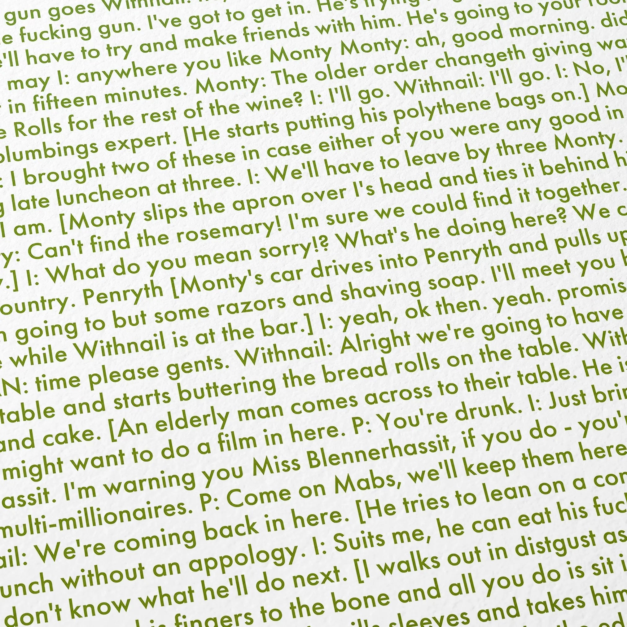 Close-up detail of the Withnail & I movie script poster showing dense typographic text.