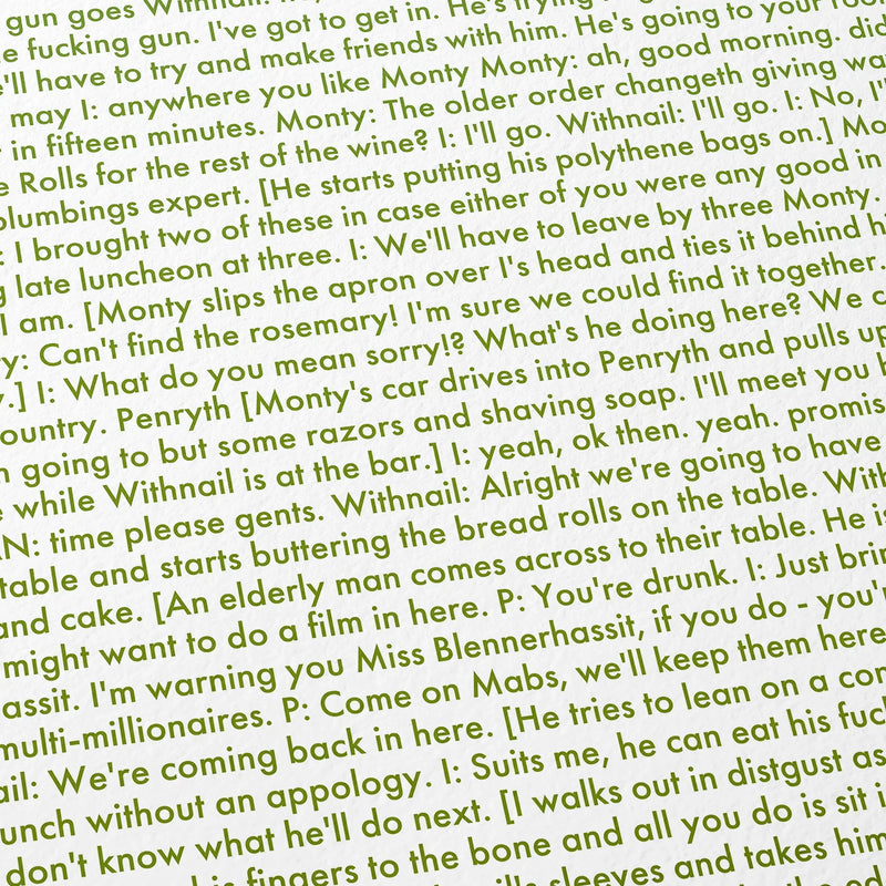 Close-up detail of the Withnail & I movie script poster showing dense typographic text.