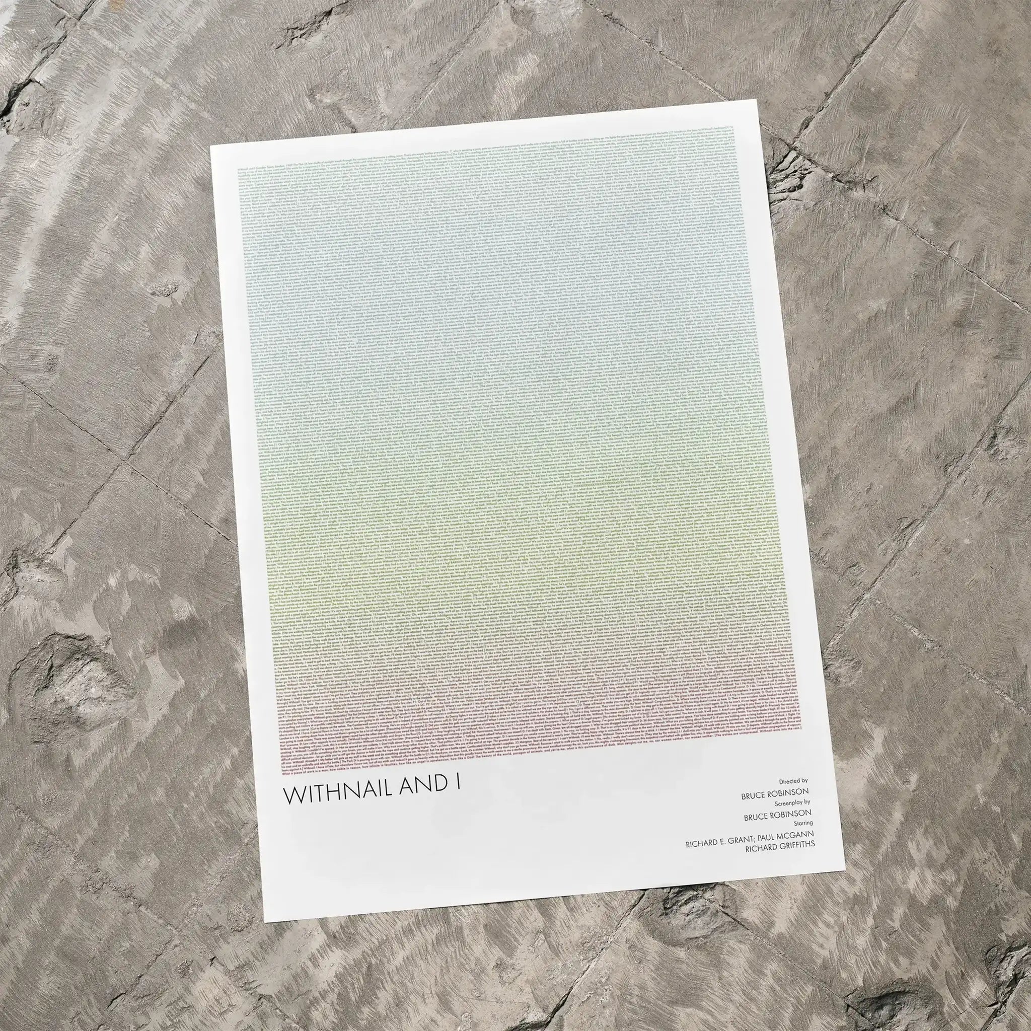 A Withnail & I movie script poster laid flat on a textured floor surface.