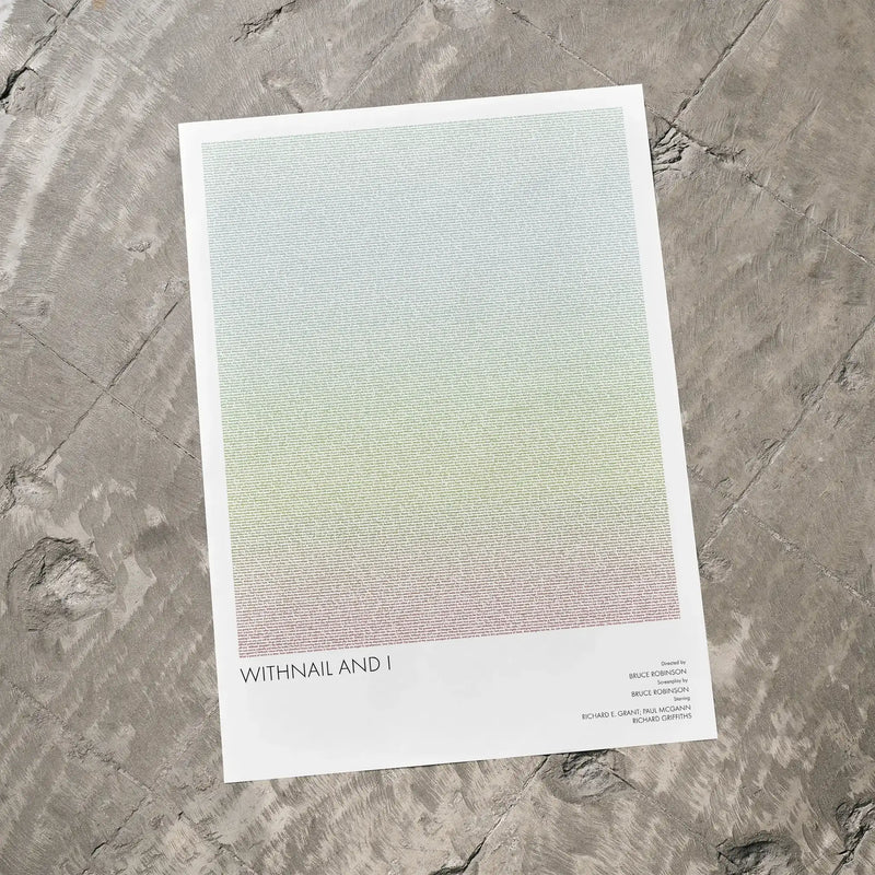 A Withnail & I movie script poster laid flat on a textured floor surface.