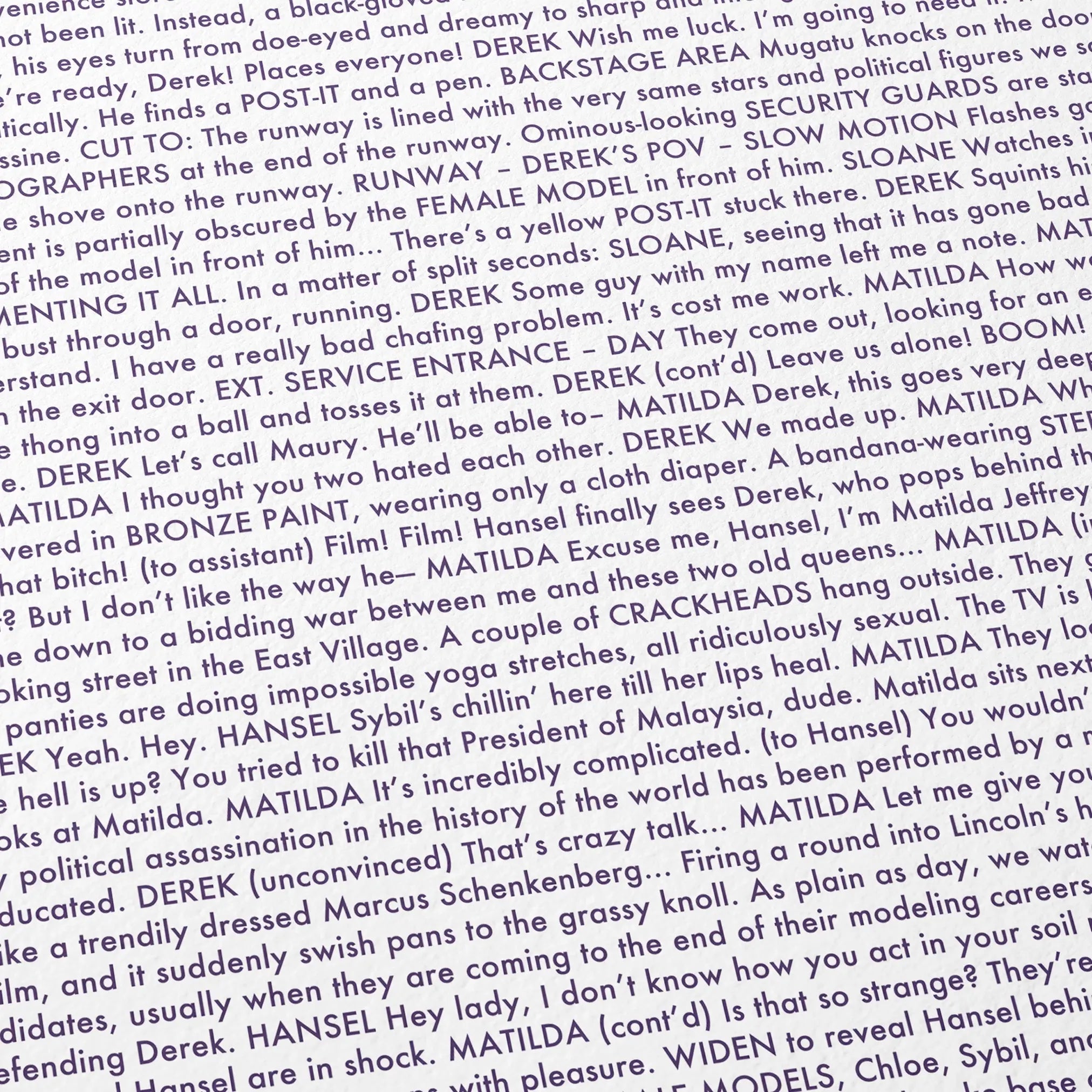 Close-up detail of the Zoolander movie script poster showing dense typographic text.