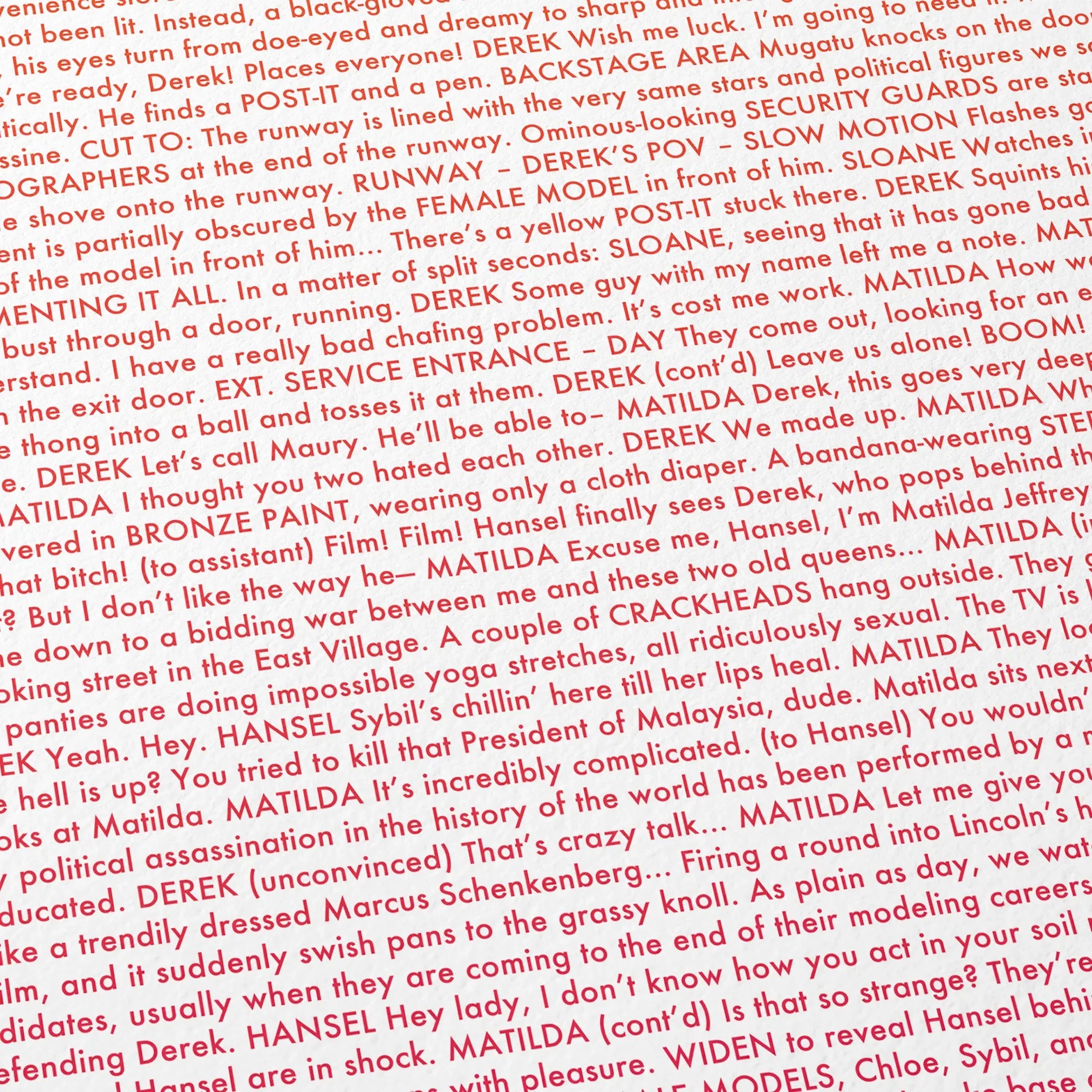 Close-up detail of the Zoolander movie script poster showing dense typographic text.