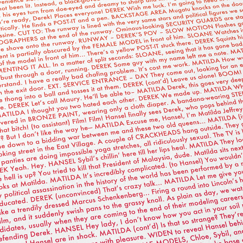 Close-up detail of the Zoolander movie script poster showing dense typographic text.