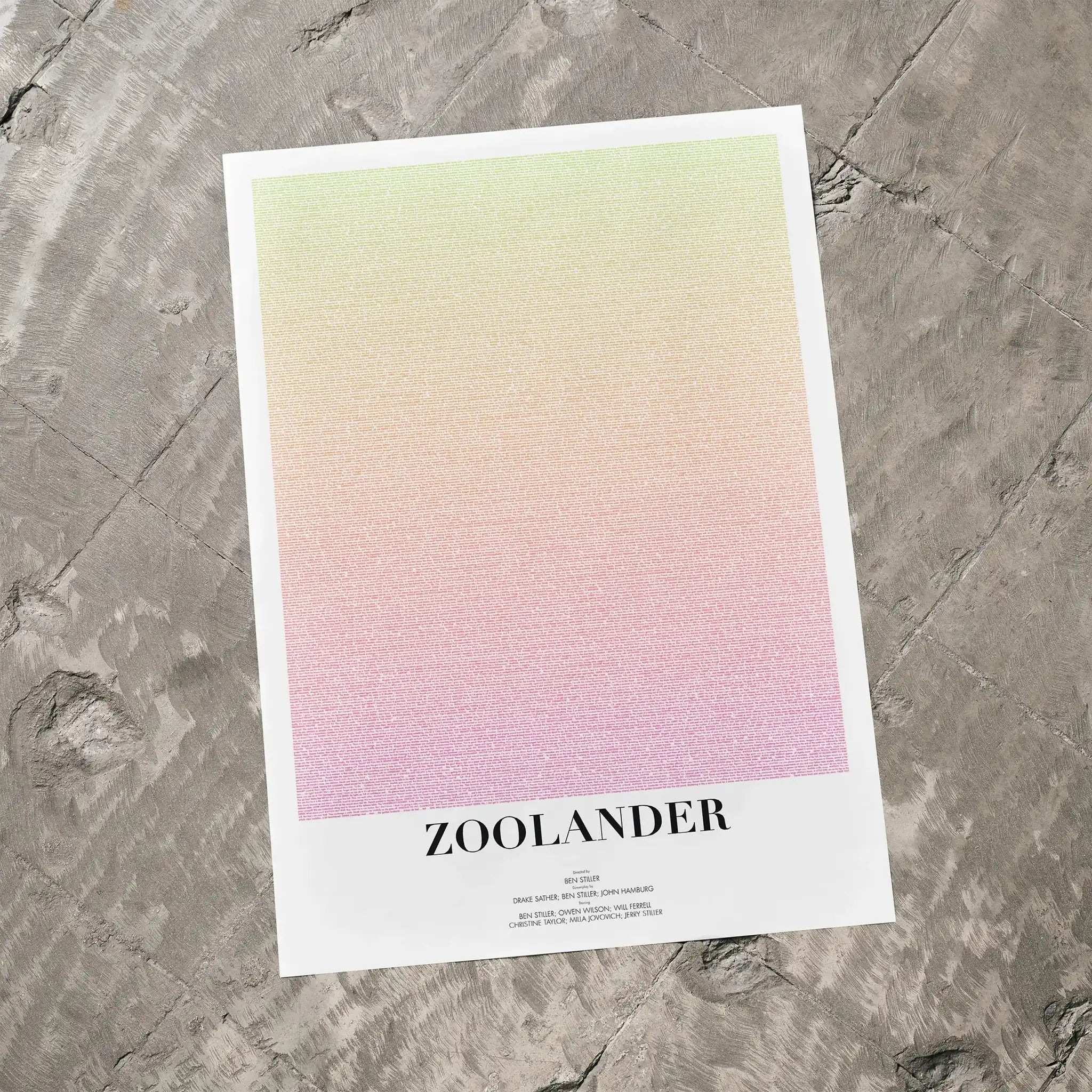 A Zoolander movie script poster laid flat on a textured floor surface.