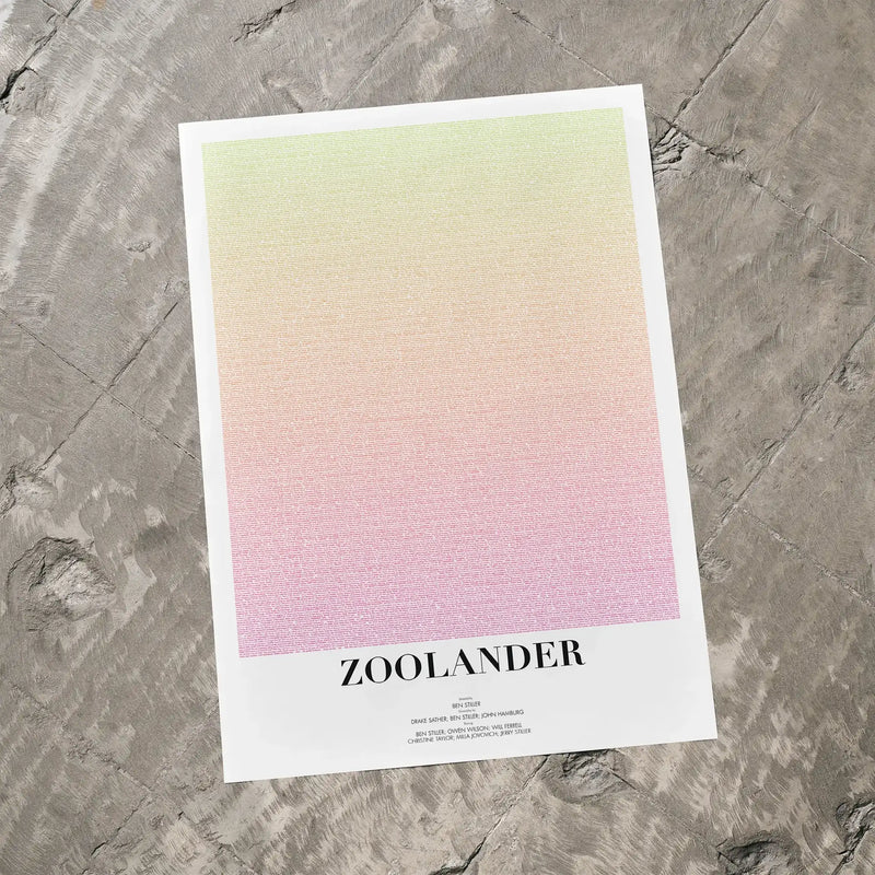A Zoolander movie script poster laid flat on a textured floor surface.