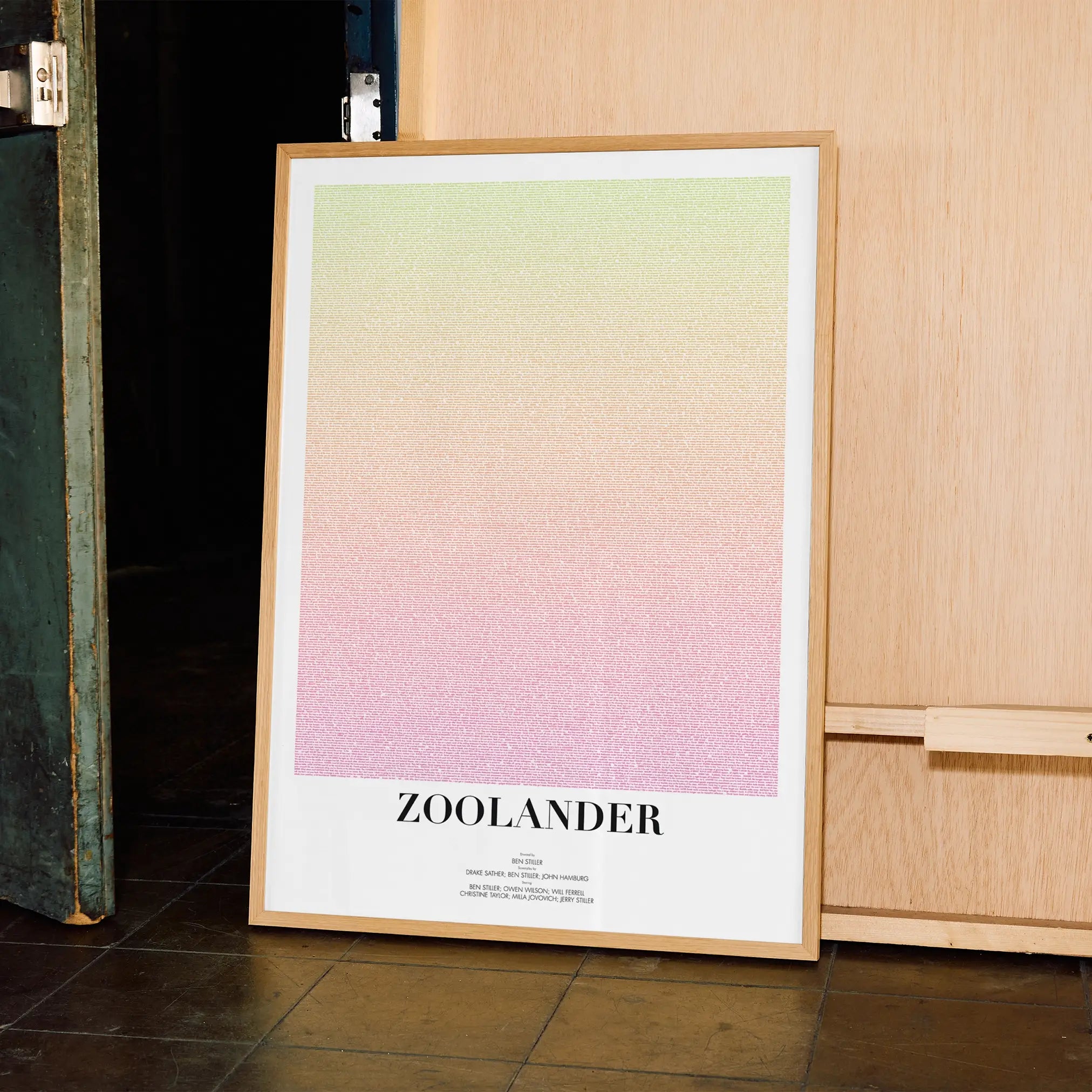 A framed Zoolander movie script poster displayed in a contemporary interior setting.