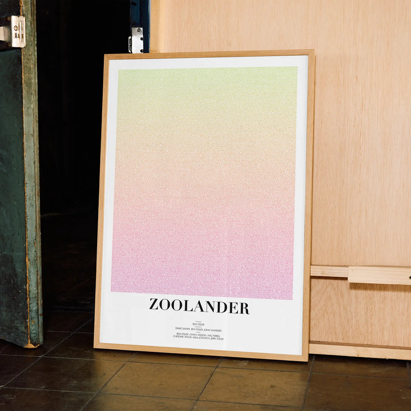 A framed Zoolander movie script poster displayed in a contemporary interior setting.