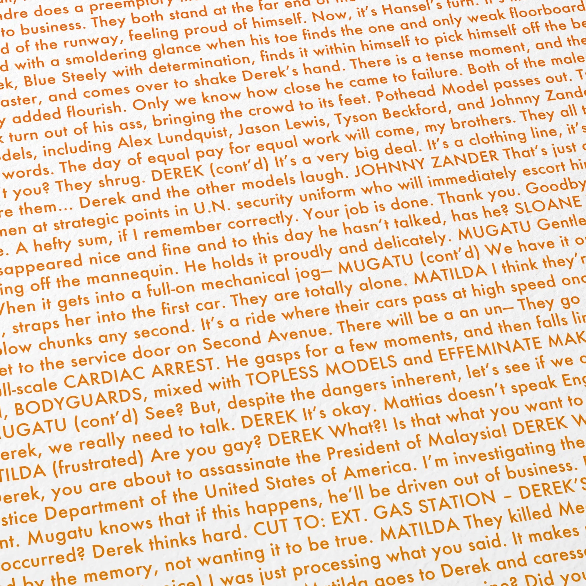 Close-up detail of the Zoolander movie script poster showing dense typographic text.