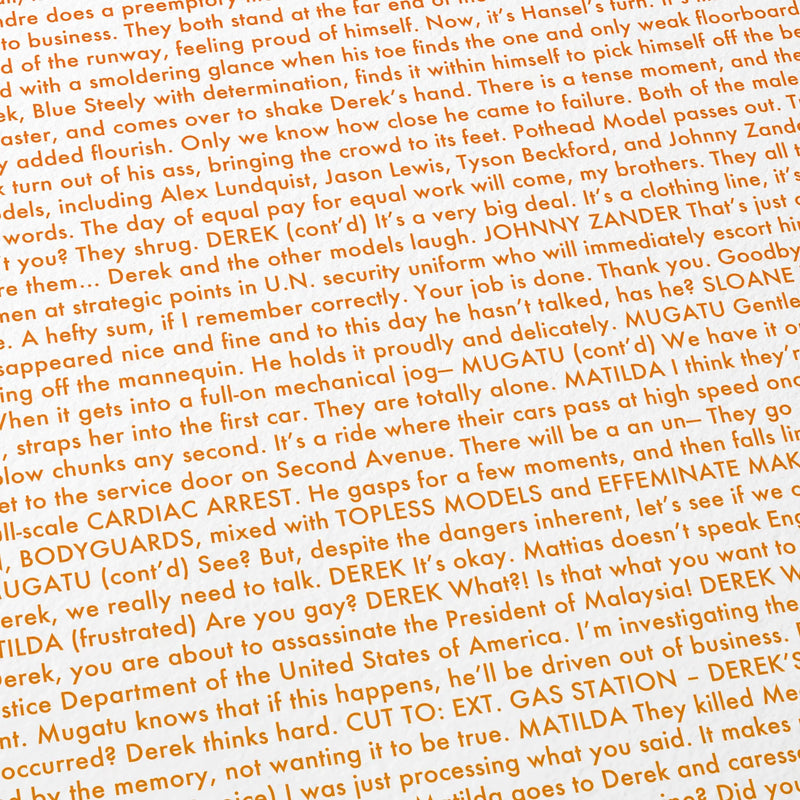 Close-up detail of the Zoolander movie script poster showing dense typographic text.