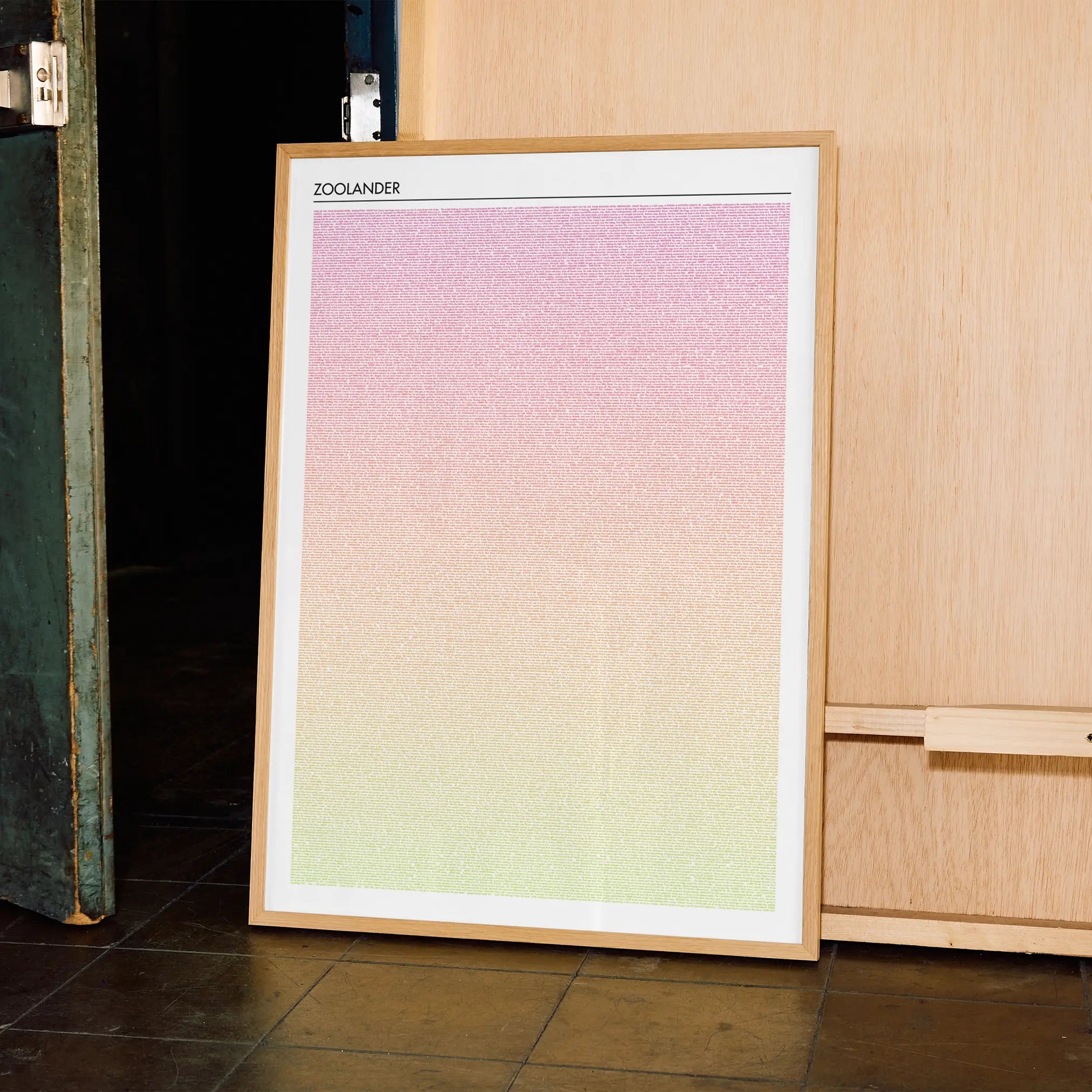 A framed Zoolander movie script poster displayed in a contemporary interior setting.