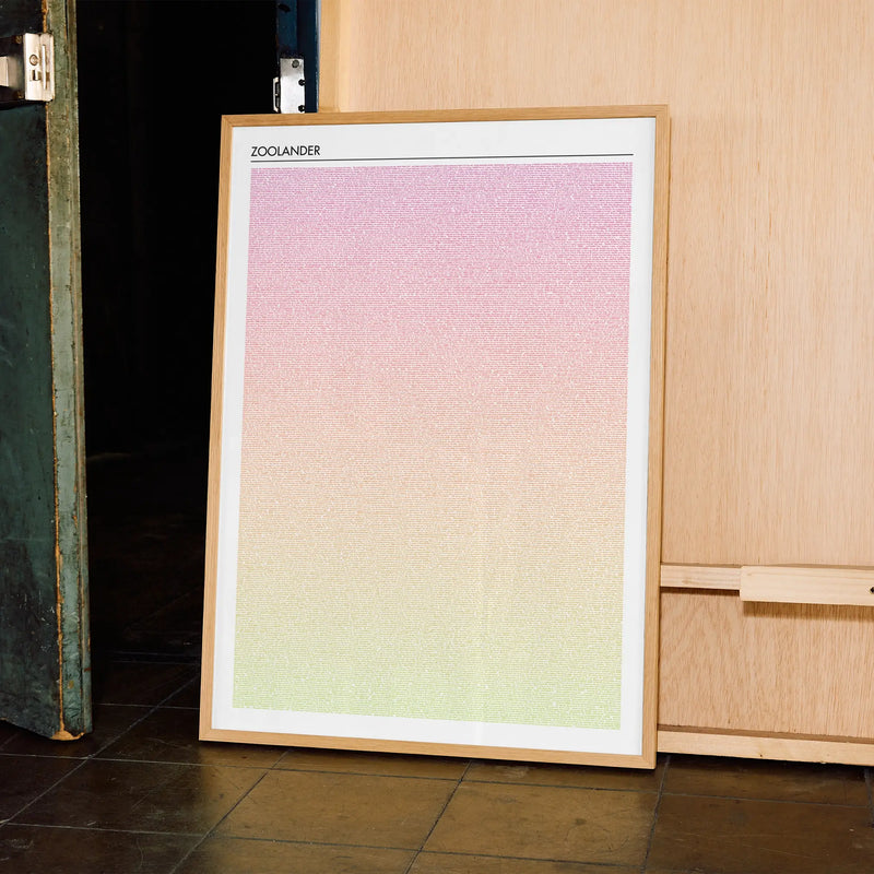 A framed Zoolander movie script poster displayed in a contemporary interior setting.